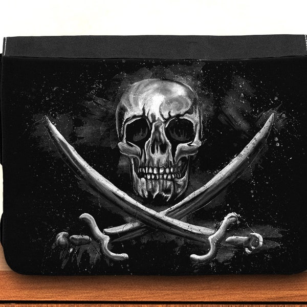 Sac besace crâne pirate, sac messenger noir en tissu, sac bandoulière à rabat imprimé crâne et épées croisées pour idée cadeau jeune homme