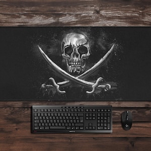 Pirate skull desk mat, black and white skull and crossbones desk mat, 35x16 gaming mousepad for pirate gifts for men
