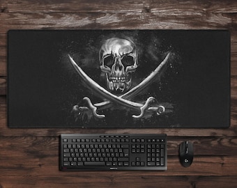 Pirate skull desk mat, black and white skull and crossbones desk mat, 35x16 gaming mousepad for pirate gifts for men