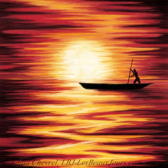 Tableau Paysage Africain Art Pirogue Coucher De Soleil Sur Leau Rouge Et Jaune Couleurs Lumineuses Peinture Digitale Sur Toile Carrée