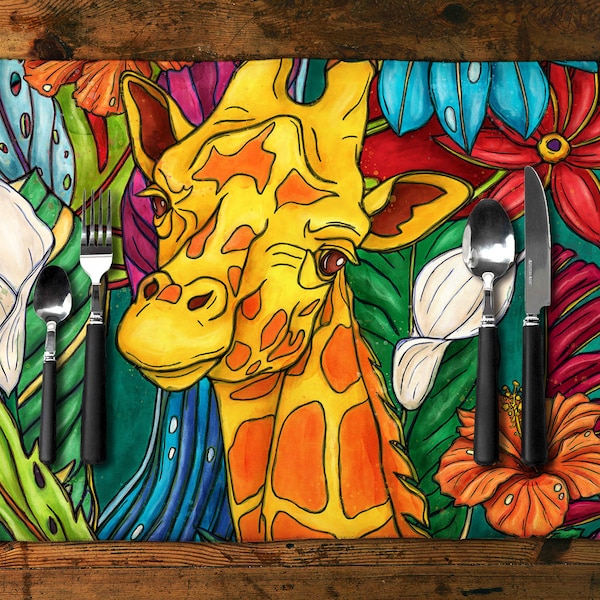 Ensemble sets de table girafe, décoration de table exotique aux fleurs tropicales pour salle à manger, sets en tissu colorés imprimés jungle