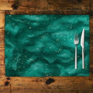 Dark teal fabric placemats set, blue-green marble art decorative set for dining table, artistic place mats for modern coffee table decor