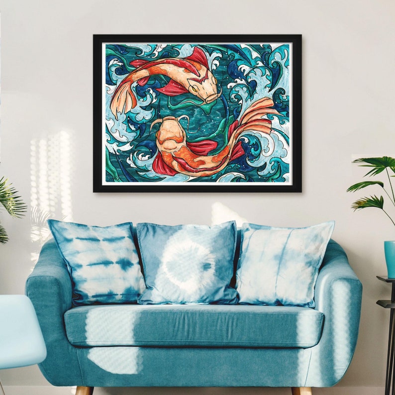 Two koi fish painting, printed on matte art paper.