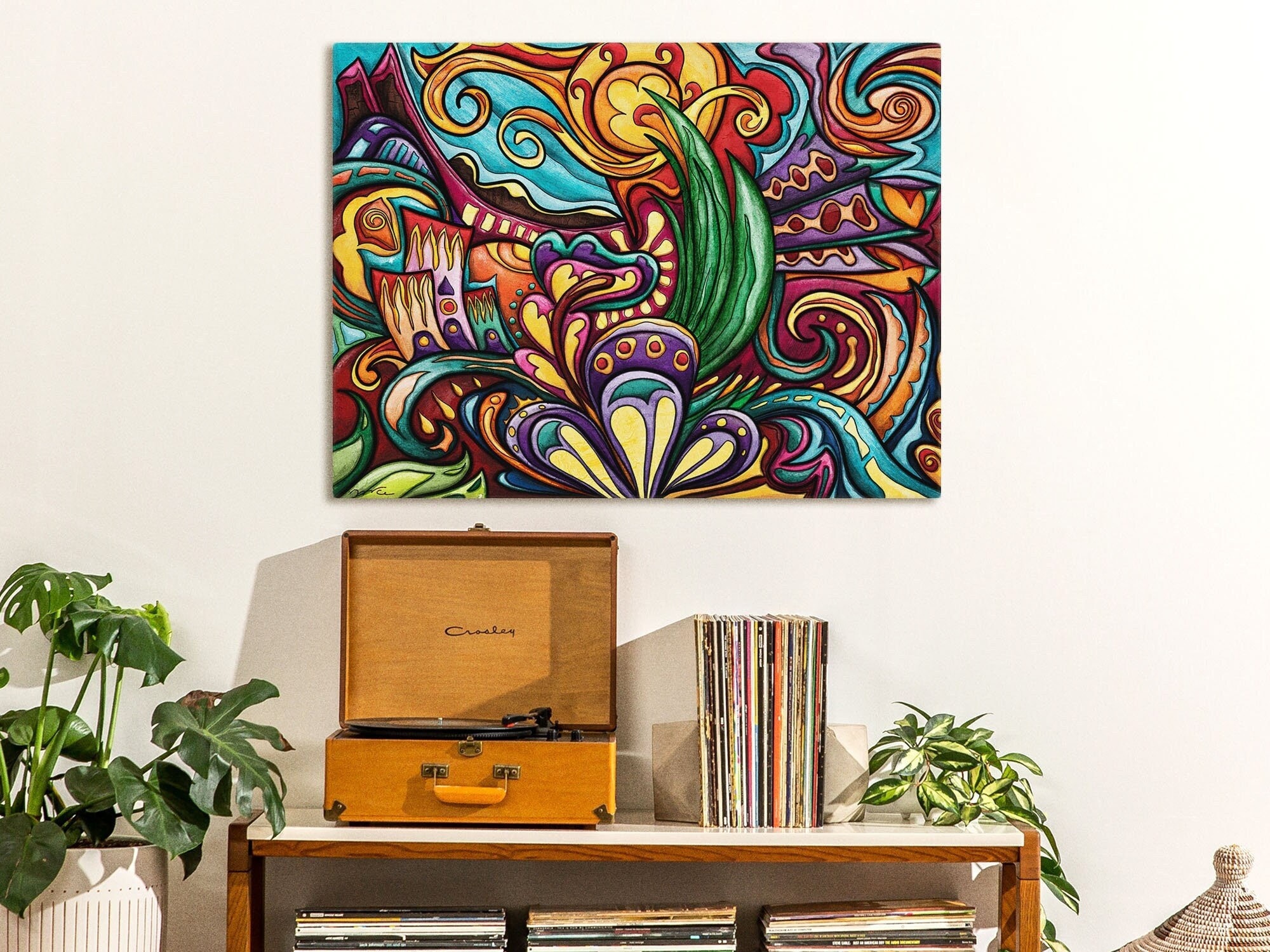 Abstract landscape painting, psychedelic art printed on stretched canvas, colorful wall art for groovy living room decor