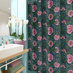 Floral shower curtain, pink peonies on dark fabric bathtub or shower stall curtain, pink and green shower curtain for baroque bathroom decor