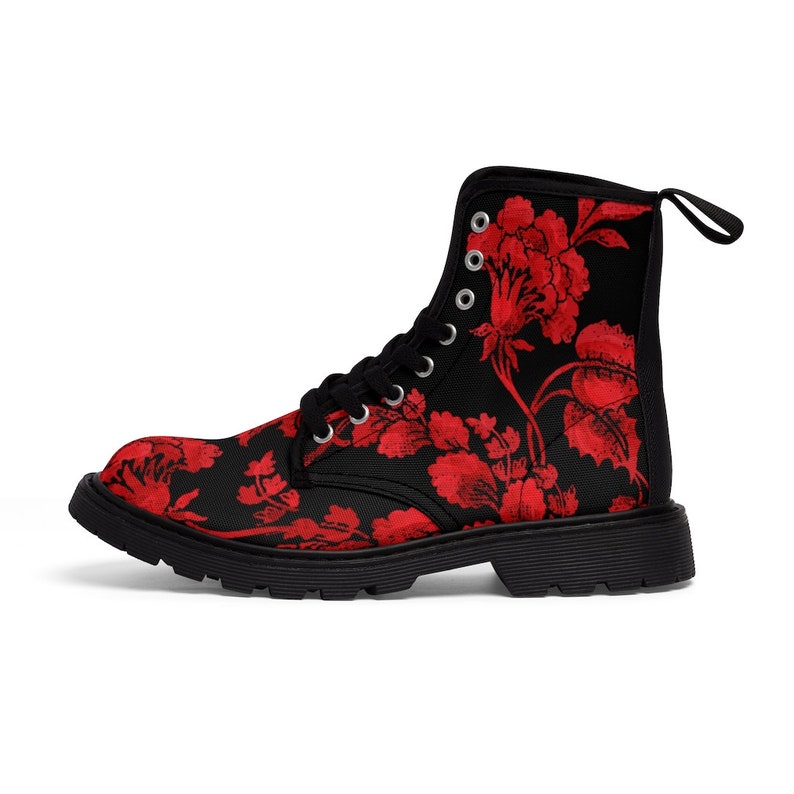 Floral Combat Boots Women Black Canvas Mod Boots Red Flowers - Etsy