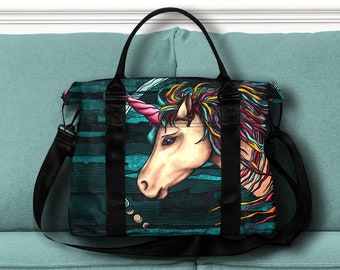 Boho unicorn duffle bag, overnight bag for girls with handles strap and trolley sleeve, weekender or gym nylon bag for teens or women