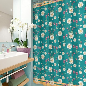 Teal floral shower curtain, daisies and sweet pea bath or shower stall curtain, botanical shower curtain for bohemian bathroom decor