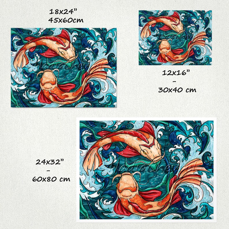 Koi fish wall art, Japanese fish painting printed on matte paper, Feng Shui Decor image 2