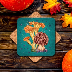 Mushroom coasters set of 2 4 or 6 and more, teal cork back coaster, bright morel art printed square coaster for fall dinning table decor
