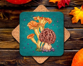 Mushroom coasters set of 2 4 or 6 and more, teal cork back coaster, bright morel art printed square coaster for fall dinning table decor