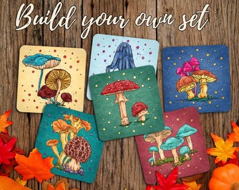 Mushrooms cork back coasters, Make your own set of 1 2 4 or 6 coasters and more, colorful art printed square coasters for fall table decor