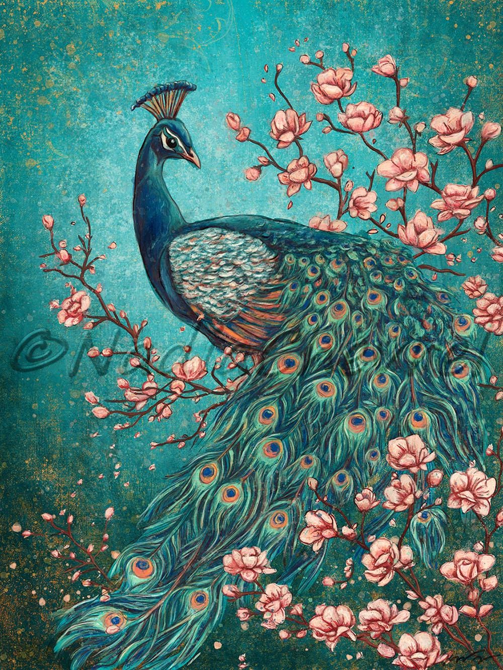 Peacock Wall Art, Teal Peacock Painting Printed on Stretched