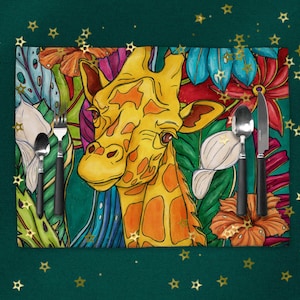 Giraffe placemats sets of 2 4 or 6, Colorful tropical table mats for dining room table, bold eclectic jungle animal fabric placemats