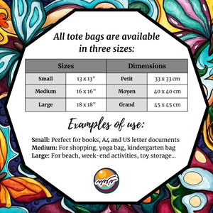 May include: A chart showing the sizes and dimensions of tote bags. The tote bags are available in three sizes: small, medium, and large. The dimensions are listed in inches and centimeters. The chart also includes examples of how the tote bags can be used.