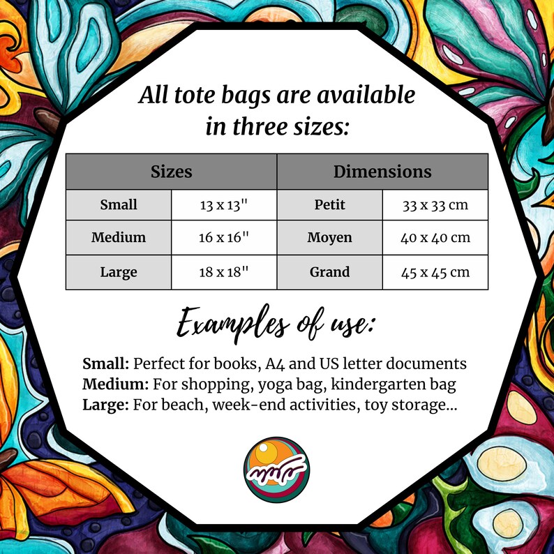 May include: A chart showing the sizes and dimensions of tote bags. The tote bags are available in three sizes: small, medium, and large. The dimensions are listed in inches and centimeters. The chart also includes examples of how the tote bags can be used.