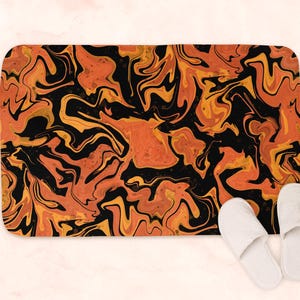 Orange and black bathroom mat, melted colors printed memory foam bath mat small or large, abstract bathroom rug for fall bathroom decor