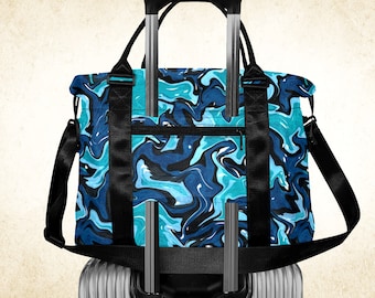 Sac de voyage camouflage bleu océan bagage à main nylon à bandoulière et pochette valise, sac week-end imprimé motif nautique fantaisie