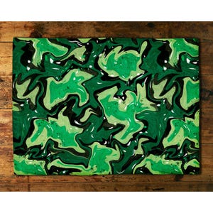 Emerald green camo placemats set, Bright nature abstract art printed fabric placemats for fun table decor, bold military table decoration