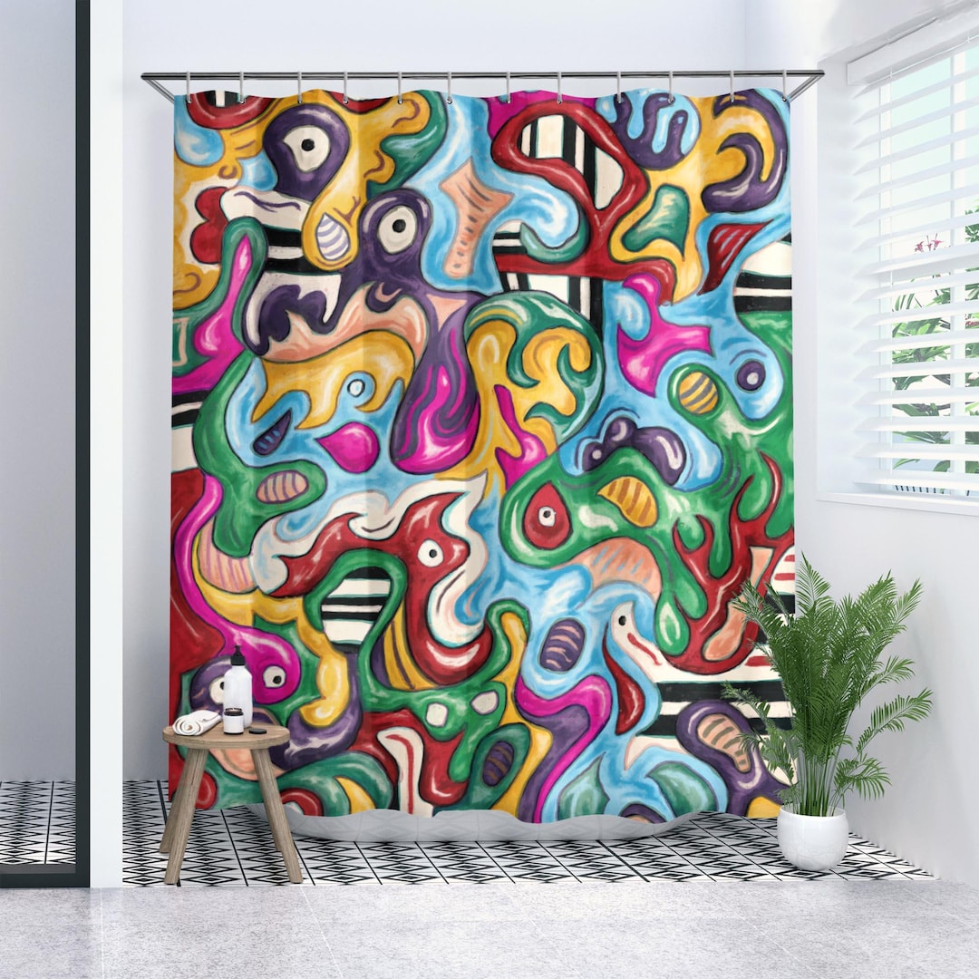 Funky Shower Curtain, Abstract Bathtub or Shower Stall Curtain, Fabric ...