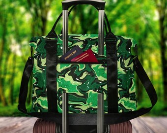 Green Camo Mens Duffle Bag, Colorful Travel Bag With Handles Strap