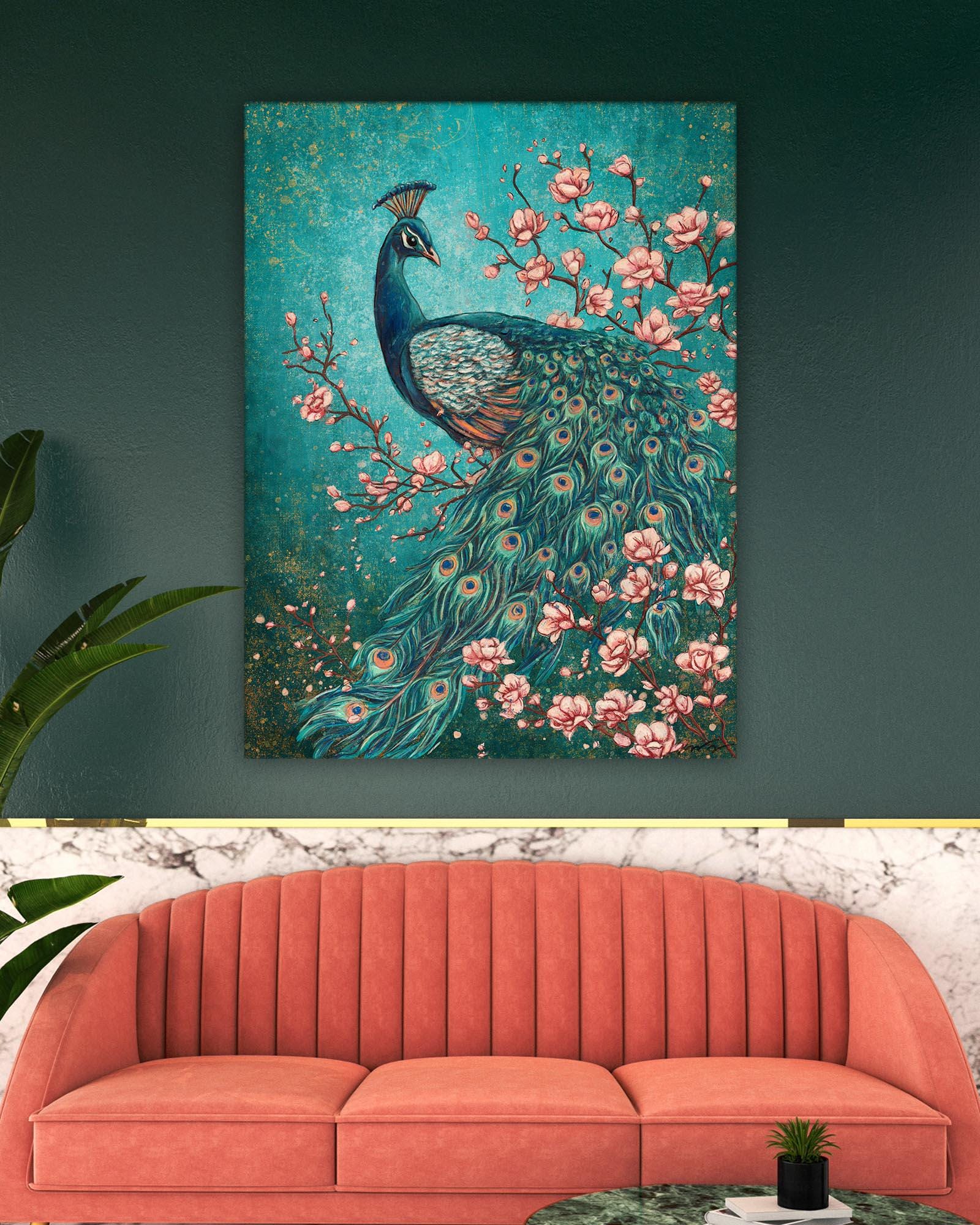 Peacock Large Canvas Wall Art, Teal Floral Peacock Painting Print