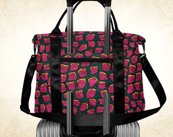 Faux animal skin printed nylon duffle bag, unique lady weekender tote with strap and trolley sleeve, bright fuchsia underseat bag for women