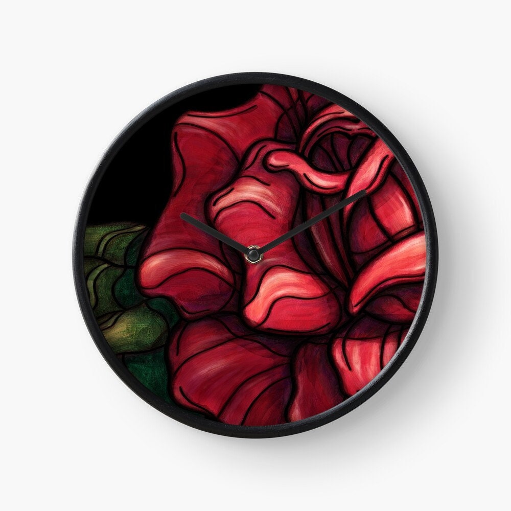 Artsy Wall Clock With Red Rose, Floral Clock, Office Decor For Women