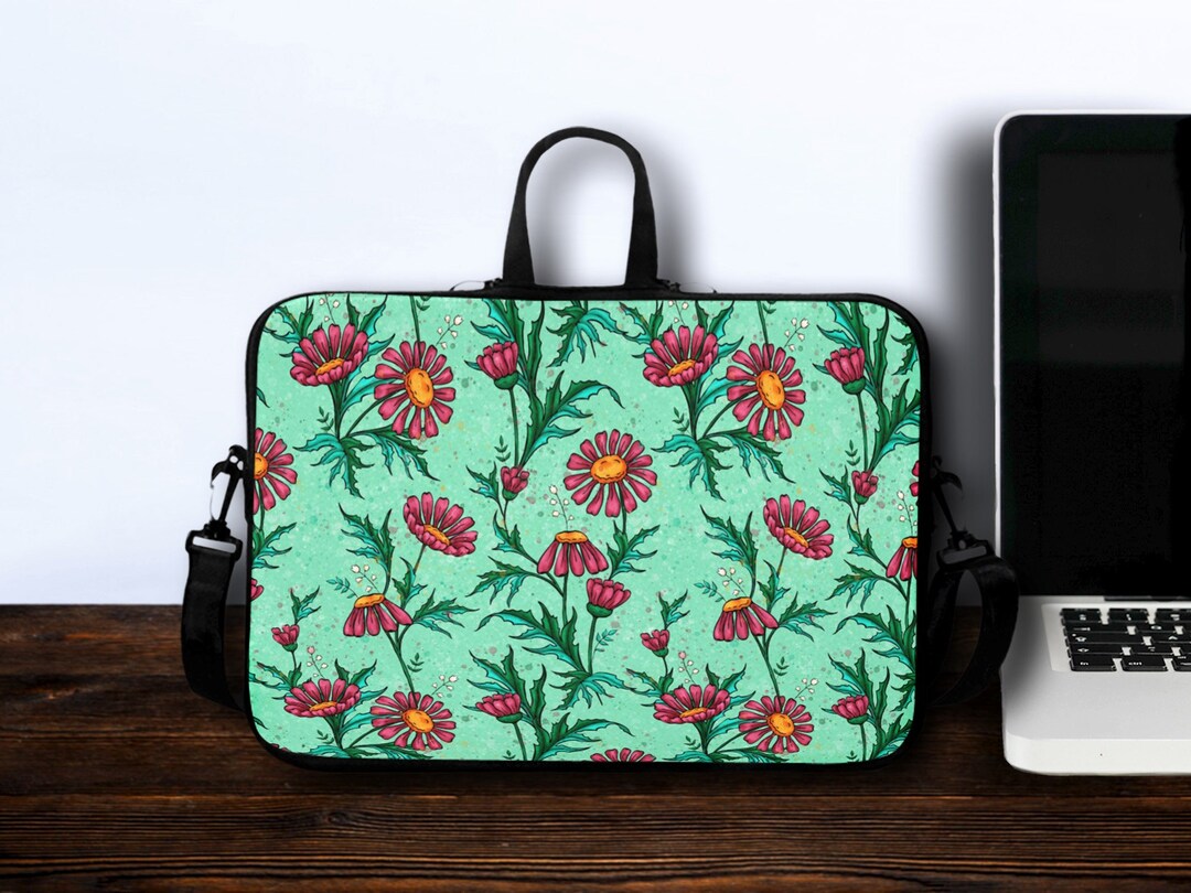 Pink Daisies on Mint Green Laptop Bag, Pretty Laptop Sleeve With