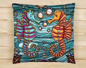 Seahorses throw pillow cover, bright underwater caribbean sea life accent pillow case, for beach house sofa or colorful nursery ocean decor
