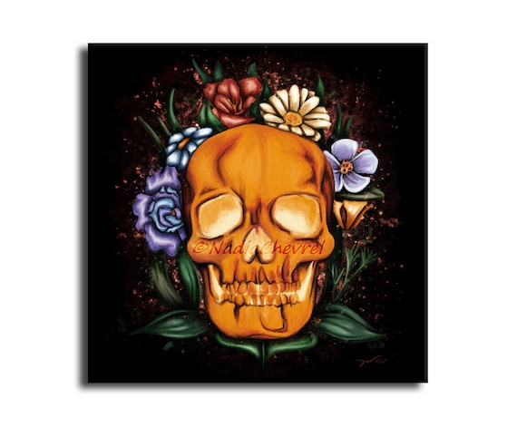 Painting Skull And Flowers Digital Art Printed On Canvas Etsy