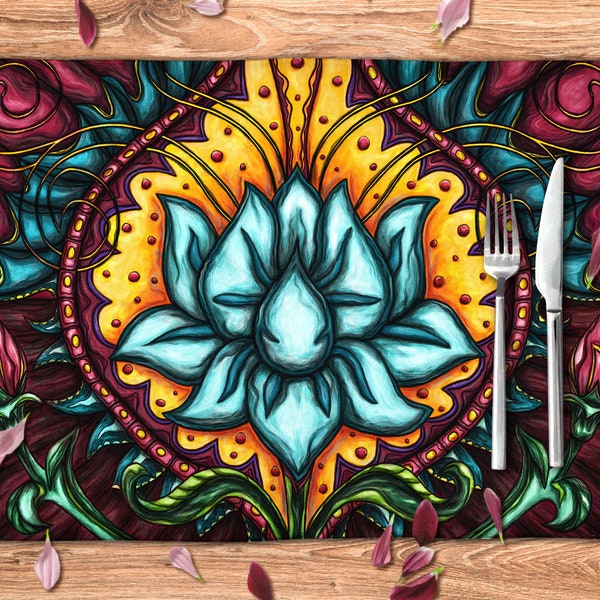 Sets de table fleur de lotus bleu, décor de table pour salle à manger boho colorée, idée cadeau jeune femme pour décoration spiritualité