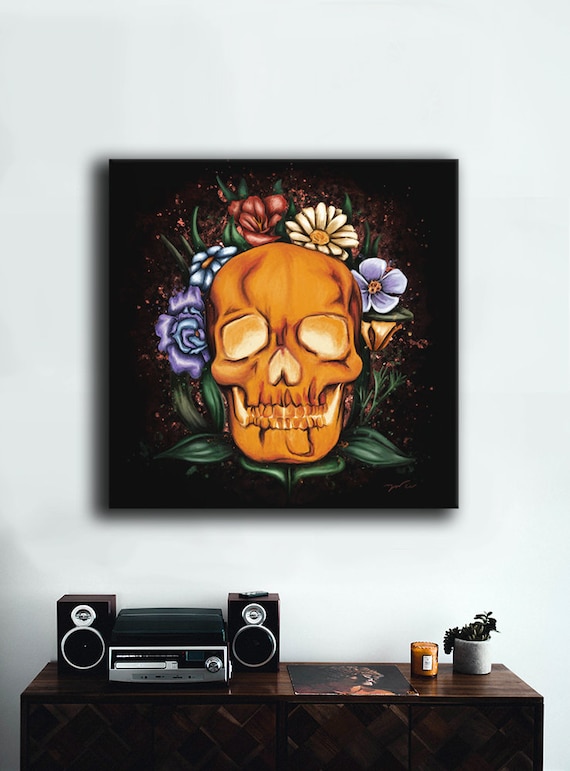 Painting Skull And Flowers Digital Art Printed On Canvas Etsy
