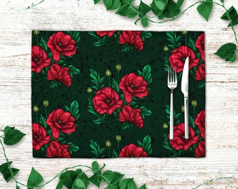 Juego de manteles individuales de amapolas rojas y verdes de 6 4 2 o 1, tapetes florales para mesas de comedor, tapetes botánicos rojos para una decoración elegante de la granja