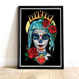 Impression portrait Santa Muerte , affiche jeune fille au maquillage de crâne en sucre, décoration mexicaine colorée pour Dia de los muertos image 4