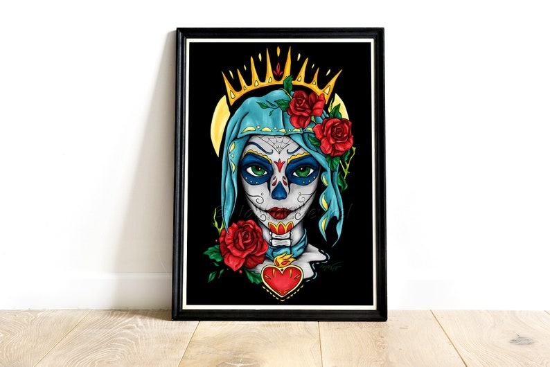 Impression portrait Santa Muerte , affiche jeune fille au maquillage de crâne en sucre, décoration mexicaine colorée pour Dia de los muertos image 4