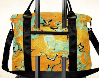 Mustard yellow duffle bag, bright summer weekender tote with strap and trolley sleeve, marble texture underseat cabin bag for teenage gift