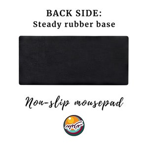 May include: A rectangular black mousepad with a steady rubber base. The text BACK SIDE: Steady rubber base and Non-slip mousepad are printed above and below the object. A circular logo featuring a sun, waves, and colors is at the bottom.