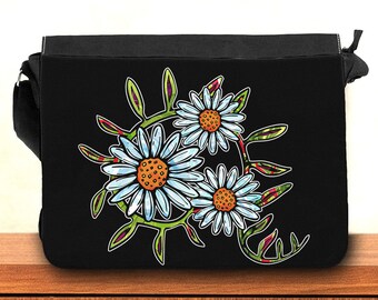 Daisy floral shoulder bag, flower illustrated black canvas crossbody bag with zipper and pockets, hippie cross over messenger bag for school