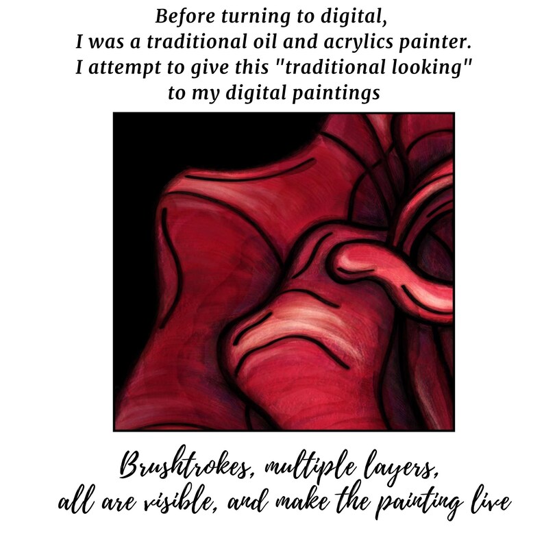 Op de afbeelding: Close-up van een digitaal schilderij met rode, roze en witte penseelstreken. Het schilderij heeft een textuur, met meerdere lagen verf zichtbaar. De tekst "Brushtrokes, multiple layers, all are visible, and make the painting live" staat onderaan de afbeelding.