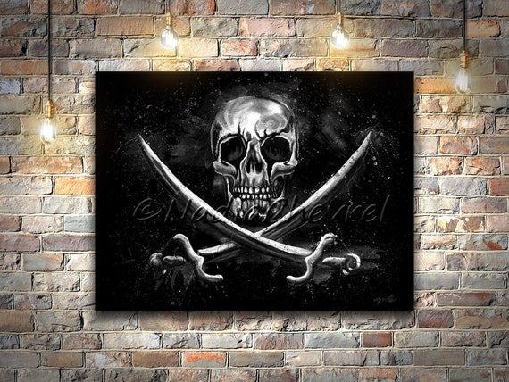 Pirate Flag Painting, Skull and Crossbones Jolly Roger Wall Art on  Stretched Canvas Print, Pirate Decor for Home Decor Gifts for Men -   Norway