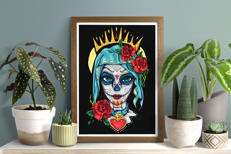 Impression portrait Santa Muerte , affiche jeune fille au maquillage de crâne en sucre, décoration mexicaine colorée pour Dia de los muertos image 1