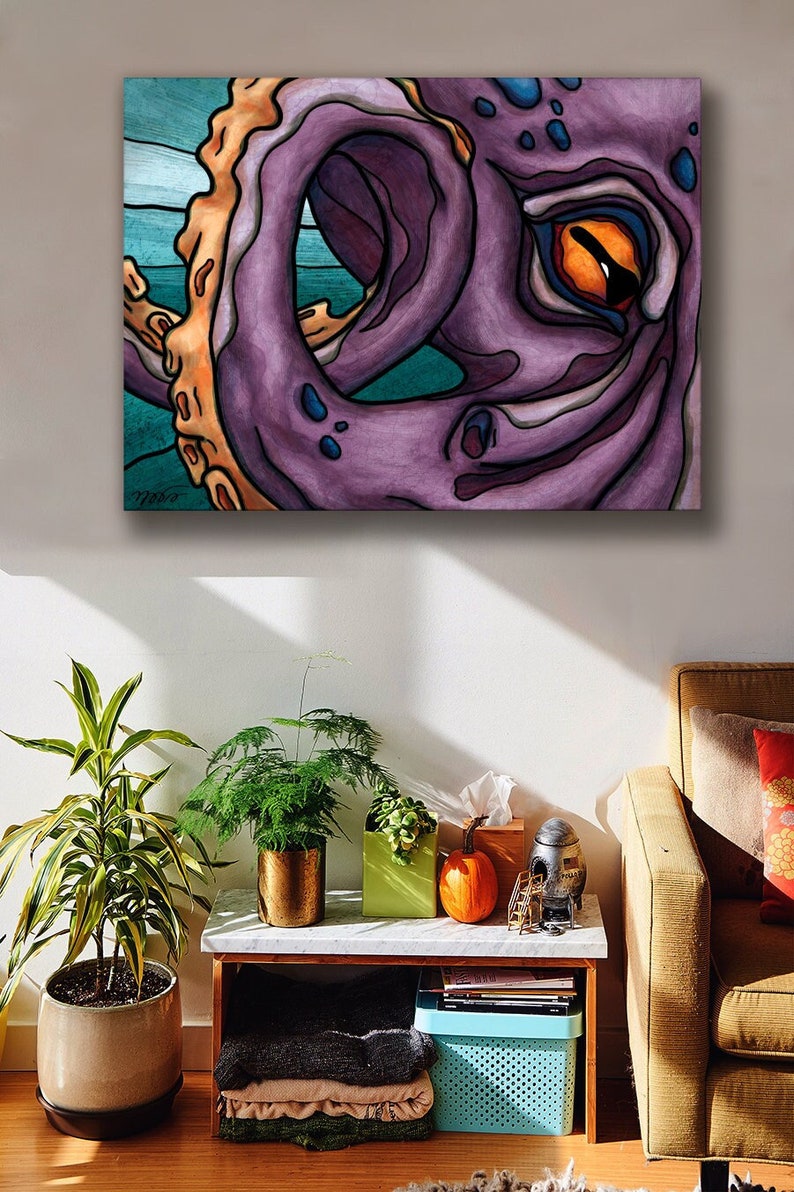 Tableau peinture pieuvre géante, art contemporain de monstre marin imprimé sur toile, peinture kraken fantasy pour décoration chambre ado image 1