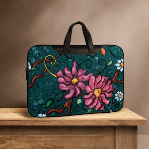 Floral laptop sleeve with shoulder strap, faux-leather laptop sleeve with pockets, women computer case or tablet pouch