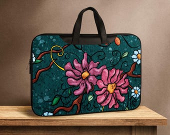 Floral Laptop Sleeve With Shoulder Strap, Faux-leather Laptop