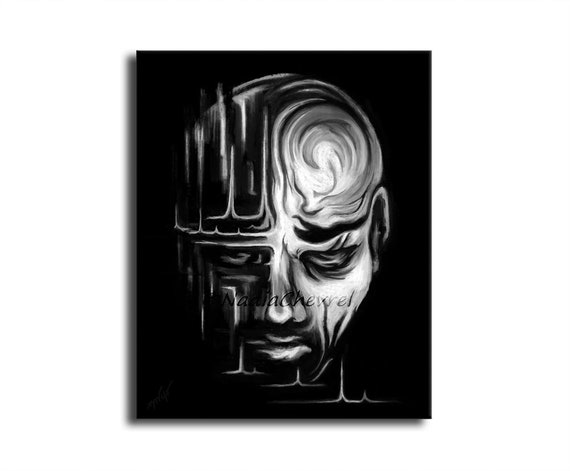 Peinture Visage Triste Portrait Homme Noir Et Blanc Tableau Etsy