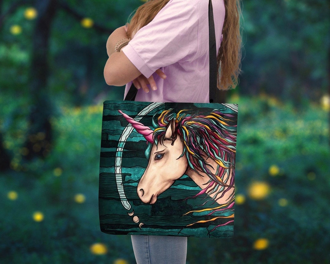 Bolso tote de lona con unicornio arcoíris: bolso de hombro bohemio