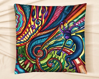 Housse de coussin Kokopelli, housse imprimée avec peinture de personnage Hopi, accessoire canapé coloré au style hippie pop art