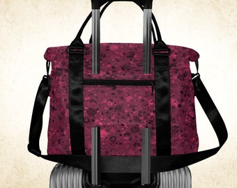 Sac de voyage magenta et noir, bagage à main en nylon avec pochette pour poignée de valise, sac week-end femme moucheté peinture rose foncé