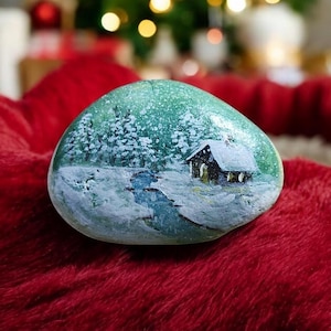 Painted rocks christmas, Snow landscape rock, Mountain cabin original painting, Beach stone painting, Christmas gift